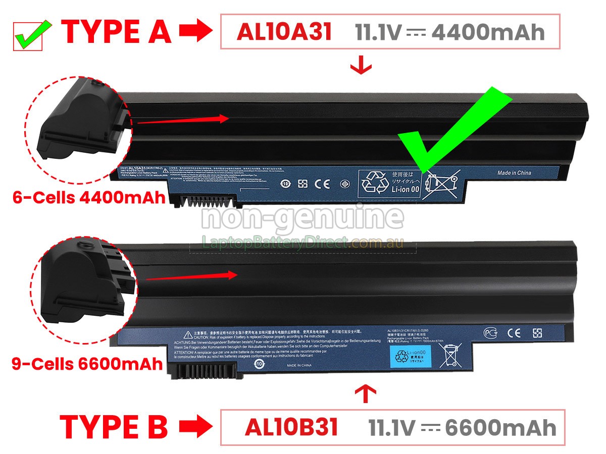 6-Cell 5200mAh Li-Ion Laptop Battery For Acer Aspire One D270 D255 (AL10B31/AL10A31)